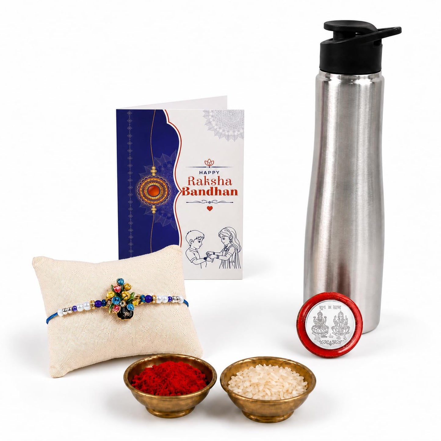 OM Floral Pot Rakhi Combo - Raksha Bandhan Gift with SS Water Bottle 1000ml, Pack of 5