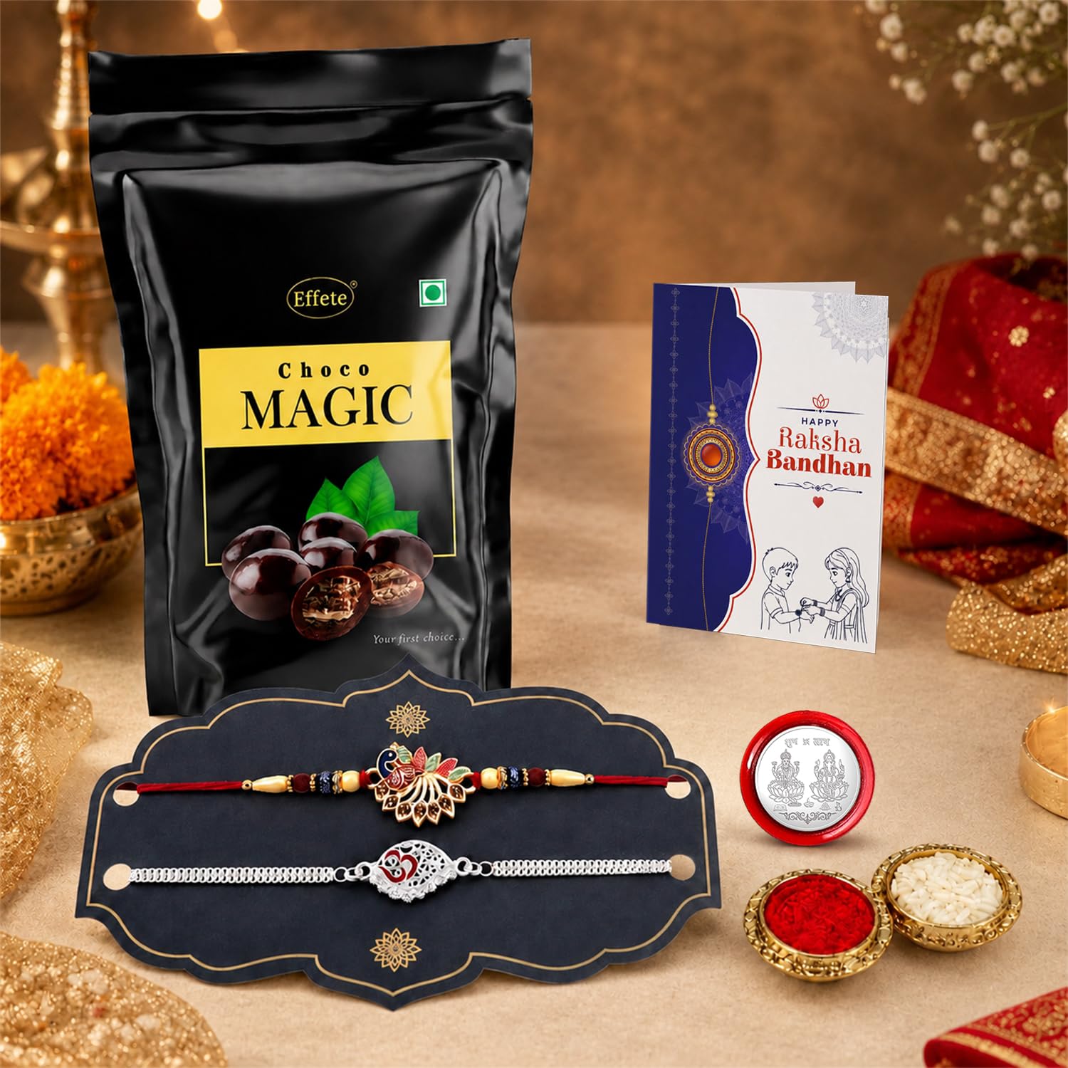 Rakhi for Brother with Chocolate Magic Pouch - Raksha Bandhan Gift Set, Pack of 6