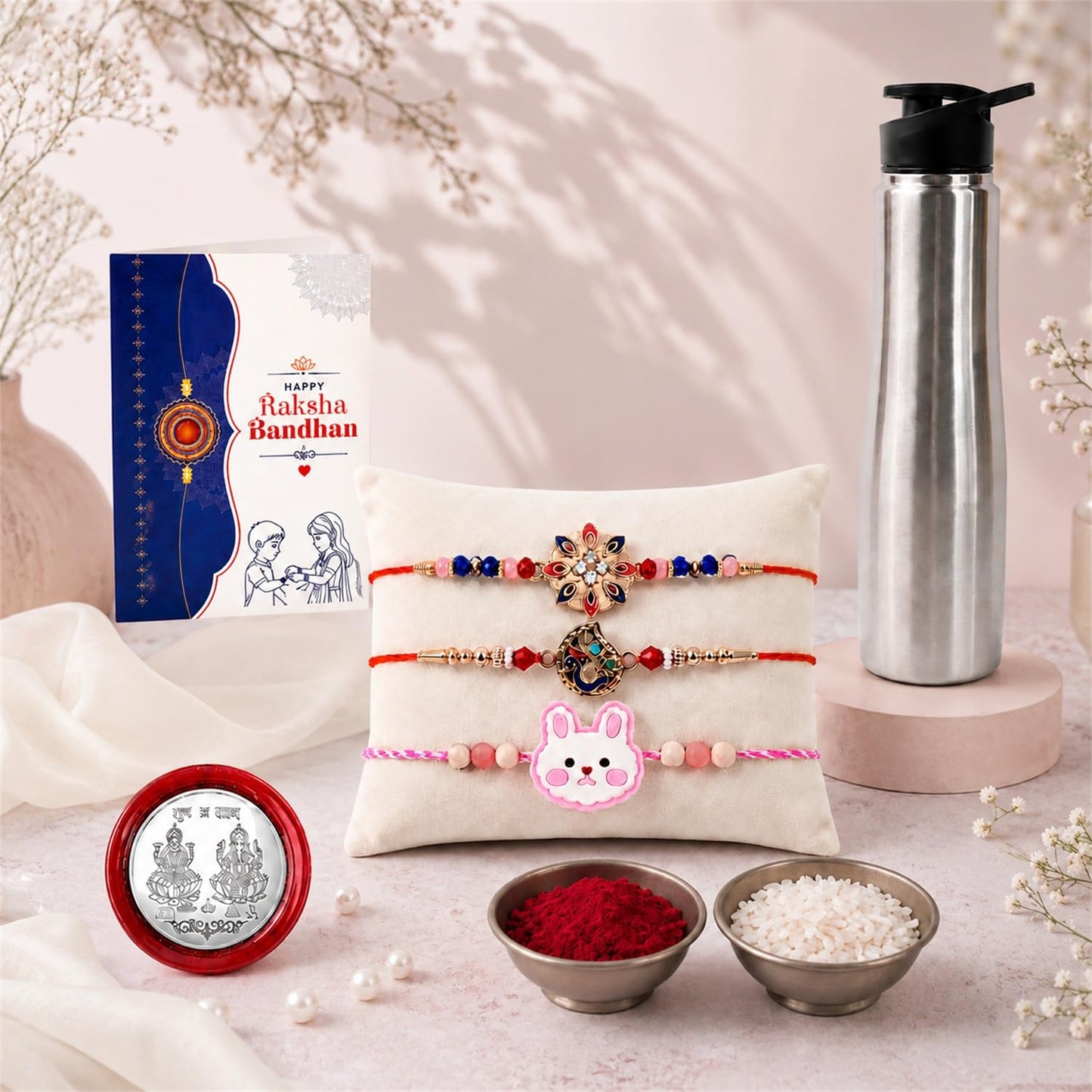 Round Flower, Bunny, Peacock Rakhi Combo - Raksha Bandhan Gift with SS Water Bottle 1000ml