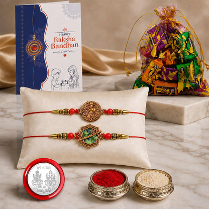 Designer Rakhi for Brother with Assorted Treats, Roli Tikka & Card, Pack of 6