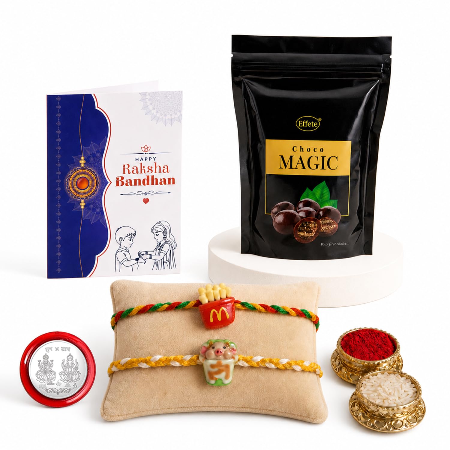French Fries Rakhi for Brother with Choco Magic Pouch, Coin & Card, Pack of 6