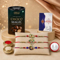 Golden Color Rakhi for Brother with Chocolate Magic 96gm, Coin & Card, Pack of 7