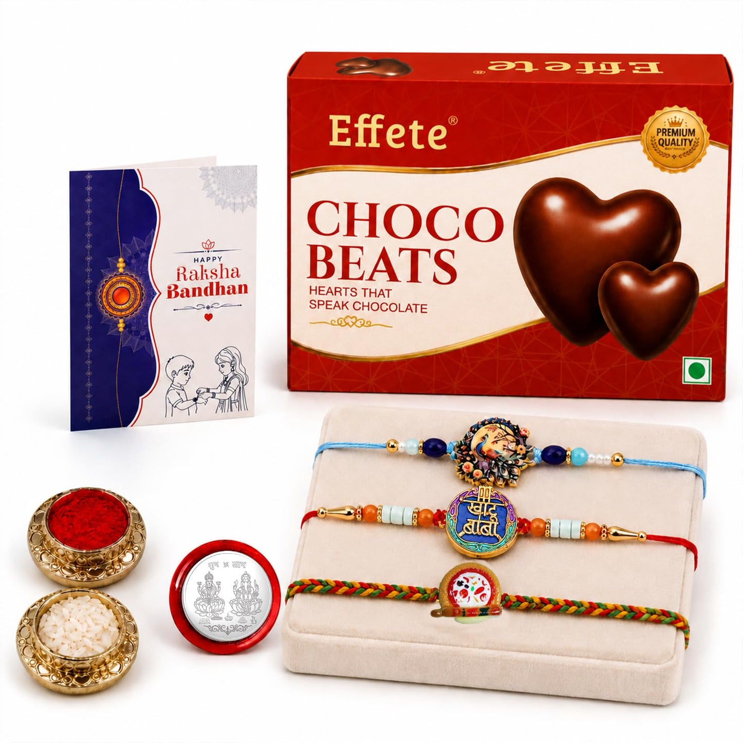 Peacock Rakhi for Brother with Chocolate Beats 32gm, Roli Tikka & Card, Pack of 7
