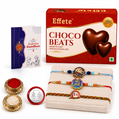Peacock Rakhi for Brother with Chocolate Beats 32gm, Roli Tikka & Card, Pack of 7