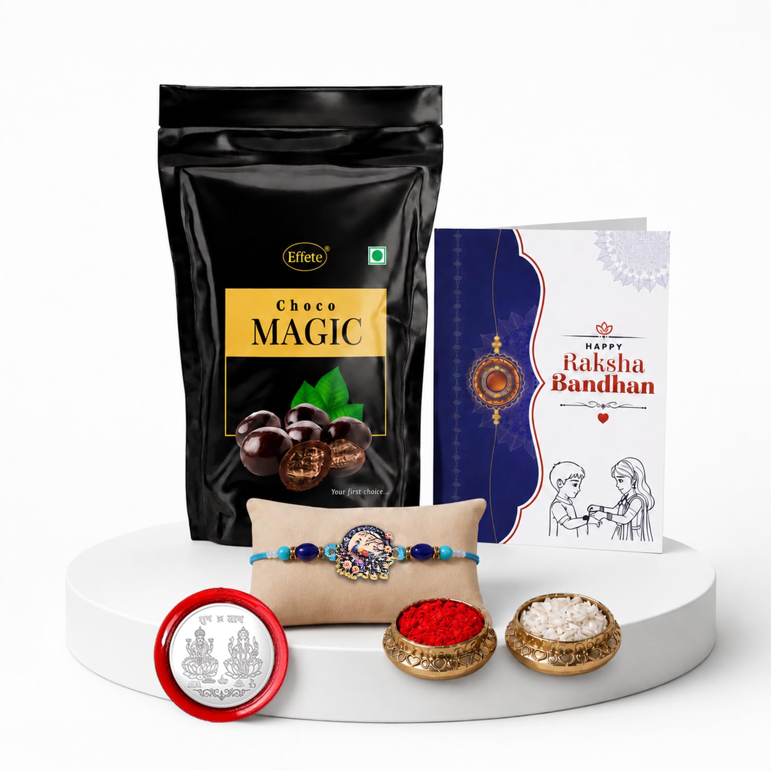 Peacock Rakhi for Brother with Choco Magic Pouch, Coin & Card, Pack of 5 | Trendy