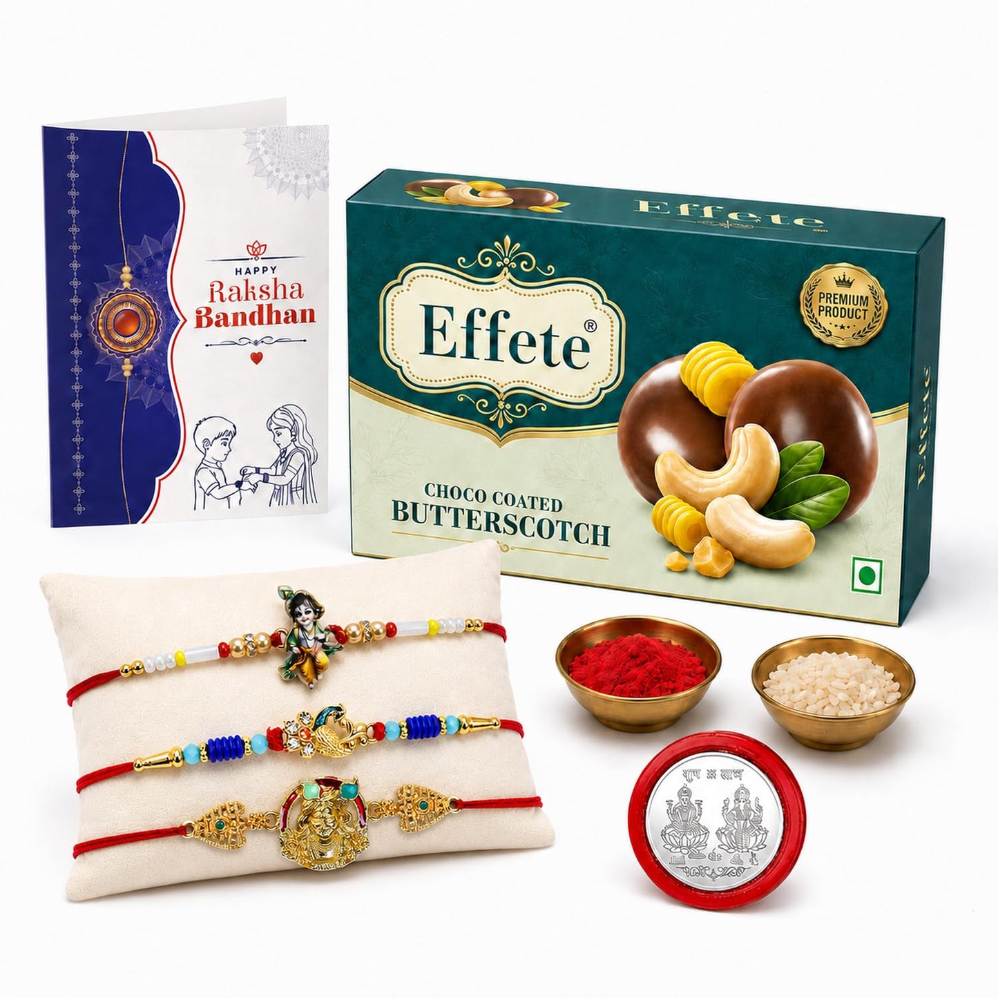 Deity Rakhi for Brother with Butter Scotch 32gm, Roli Tikka & Card, Pack of 7