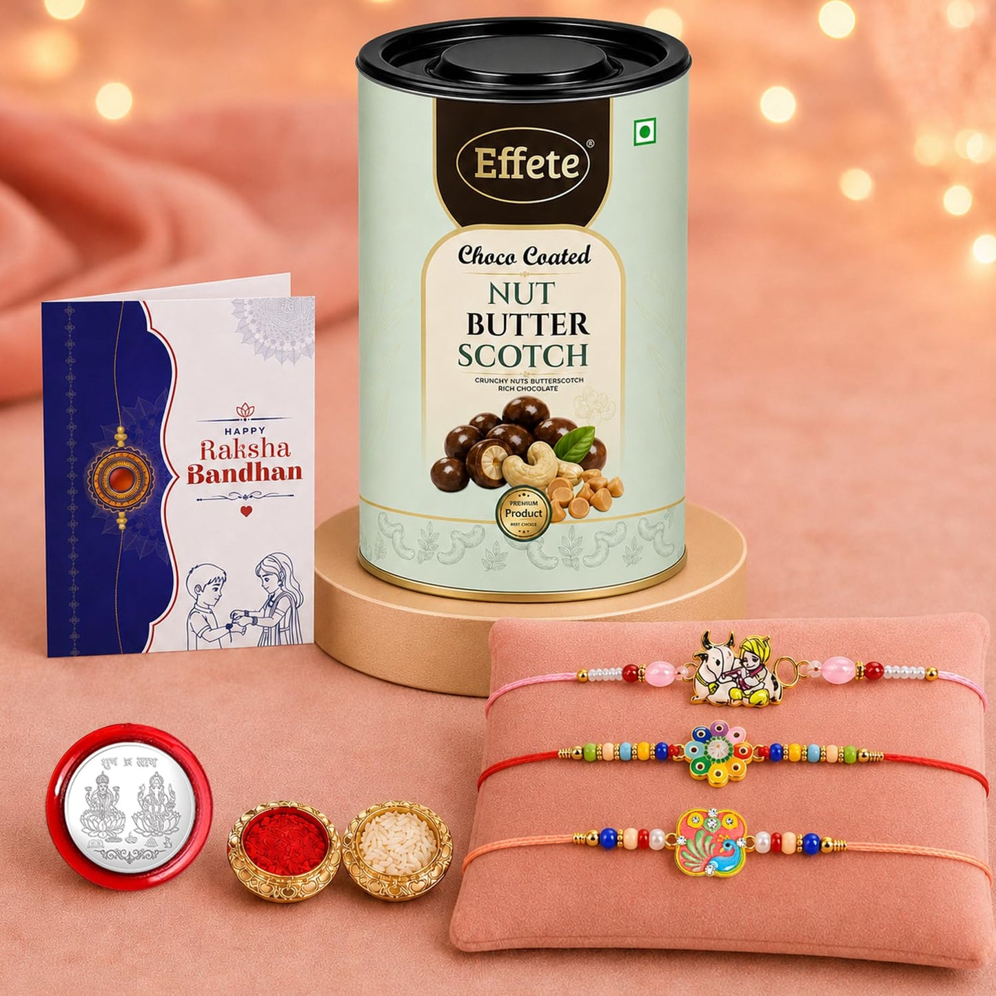 Krishna, Flower Rakhi Combo - Raksha Bandhan Gift with Choco Butterscotch 96gm, Pack of 7