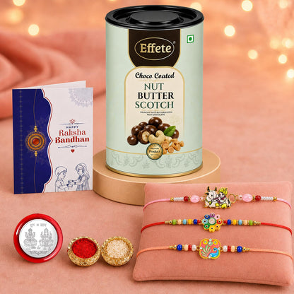 Krishna, Flower Rakhi Combo - Raksha Bandhan Gift with Choco Butterscotch 96gm, Pack of 7