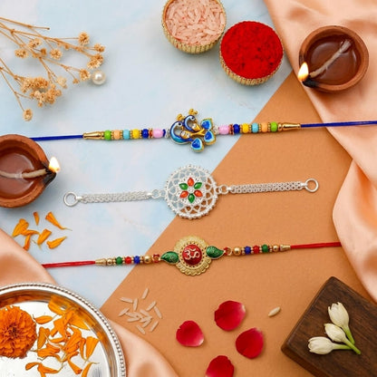 Om Rakhi for Brother with Choco Magic 96gm, Roli Tikka & Greeting Card, Pack of 7
