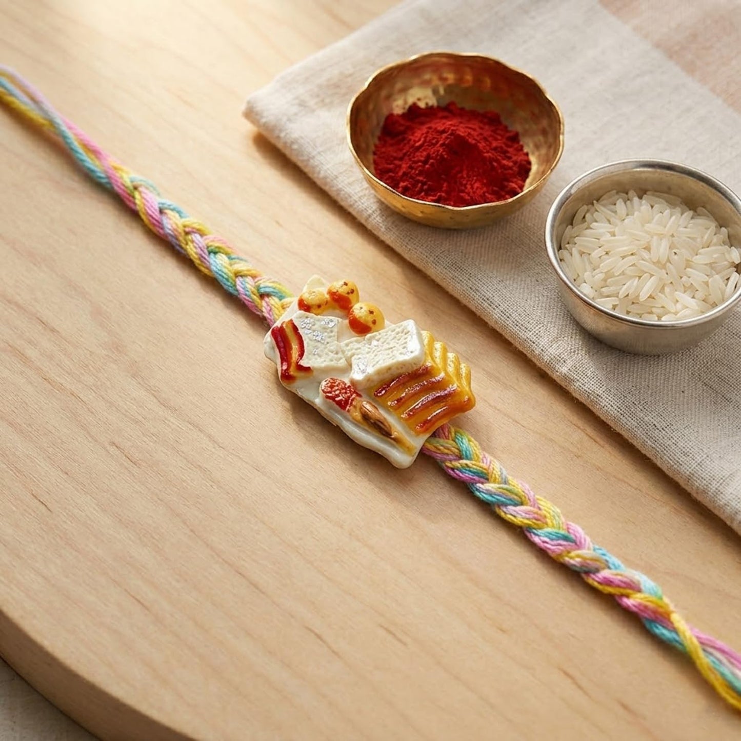 Kids Rakhi for Brother displayed with cream biscuits, highlighting the complete gift offering.