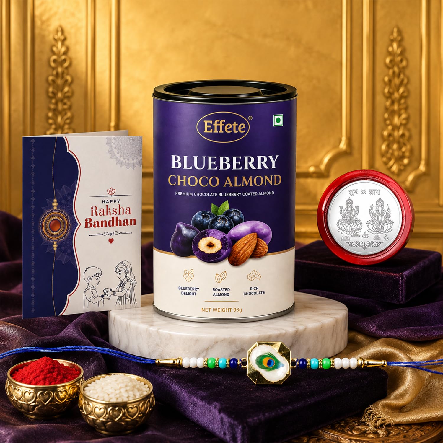 Peacock Feather Rakhi for Brother with Blueberry Chocolate Almond 96gm, Pack of 5
