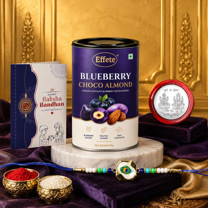 Peacock Feather Rakhi for Brother with Blueberry Chocolate Almond 96gm, Pack of 5