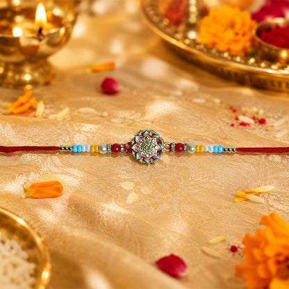 Rakhi with Chocolate for Brother (Set of 7) – Raksha Bandhan Festival Celebration Pack with OM, Flower & Peacock Design Rakhi, Chocolate, Roli Chawal, Silver Color Pooja Coin & Greeting Card