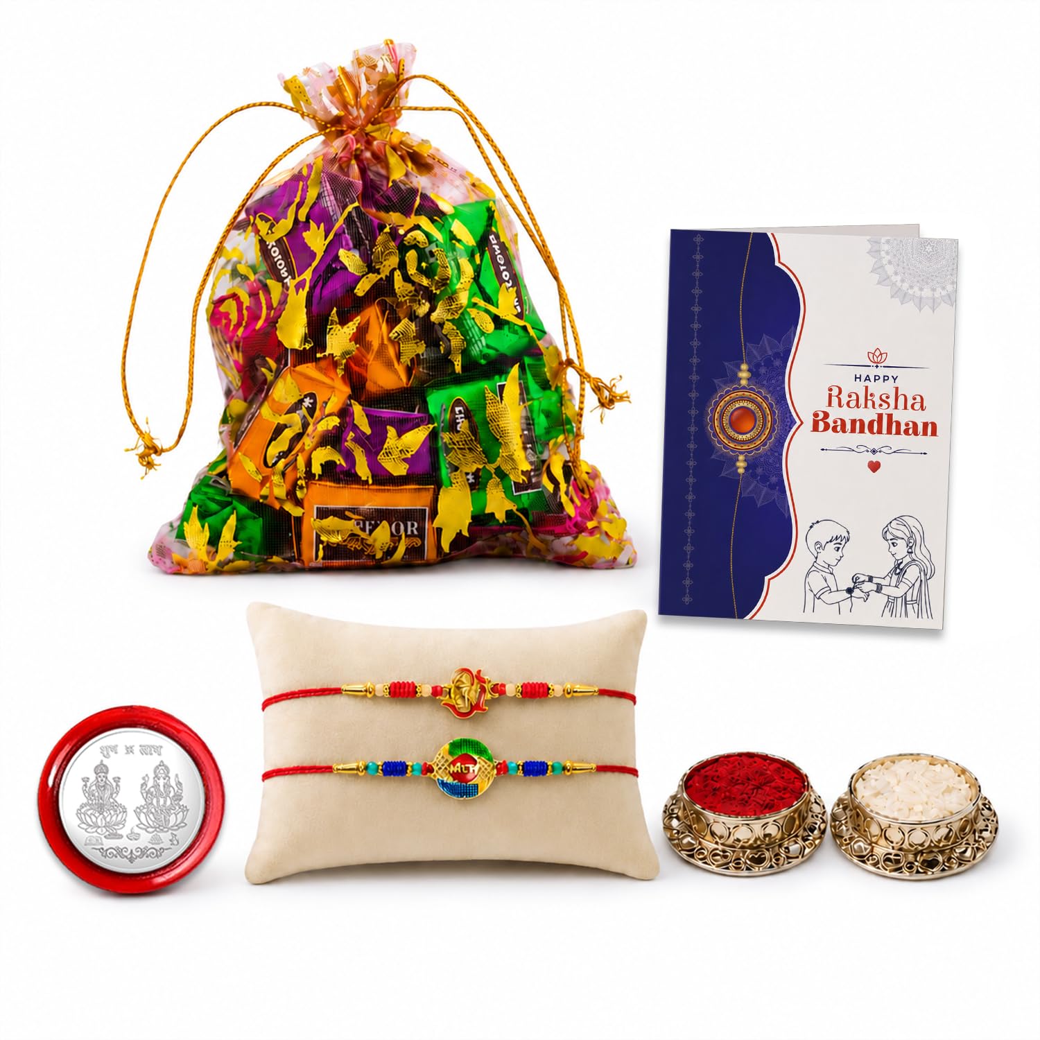Om Ganesha Rakhi for Brother with Assorted Treats, Roli Tikka & Card, Pack of 6
