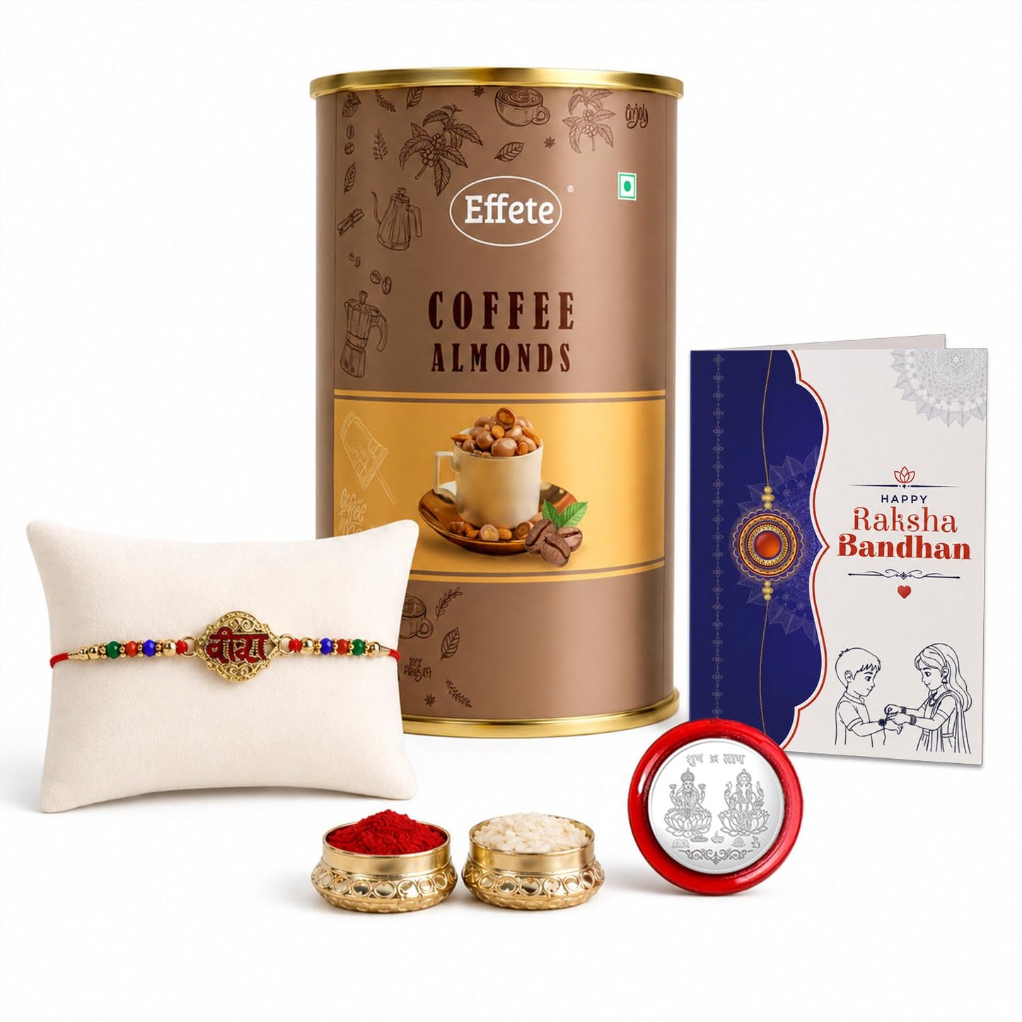 Veera Multicolor Rakhi & Coffee Almond 96gm with Roli Chawal, Silver Color Pooja Coin & Greeting Card, Rakshbandhan Combo, Rakhi & Chocolate, Pack of 5 For Raksha Bandhan