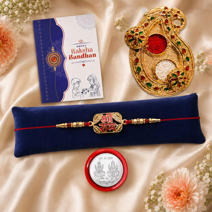 Multicolor & Art Design Pooja Thali with Silver Color Pooja Coin, Roli Chawal Rakhi For Raksha Bandhan