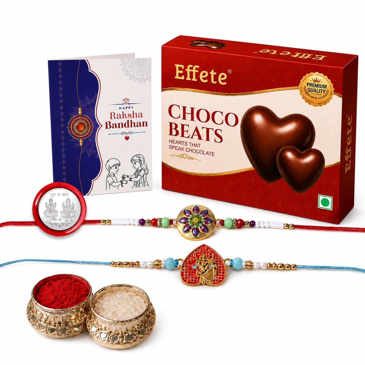Rakhi with Chocolate for Brother (Set of 6) – Raksha Bandhan Festival Celebration Combo for Bhai with Round & Leaf Shape Rakhi, Chocolate, Roli Chawal, Silver Color Pooja Coin & Greeting Card