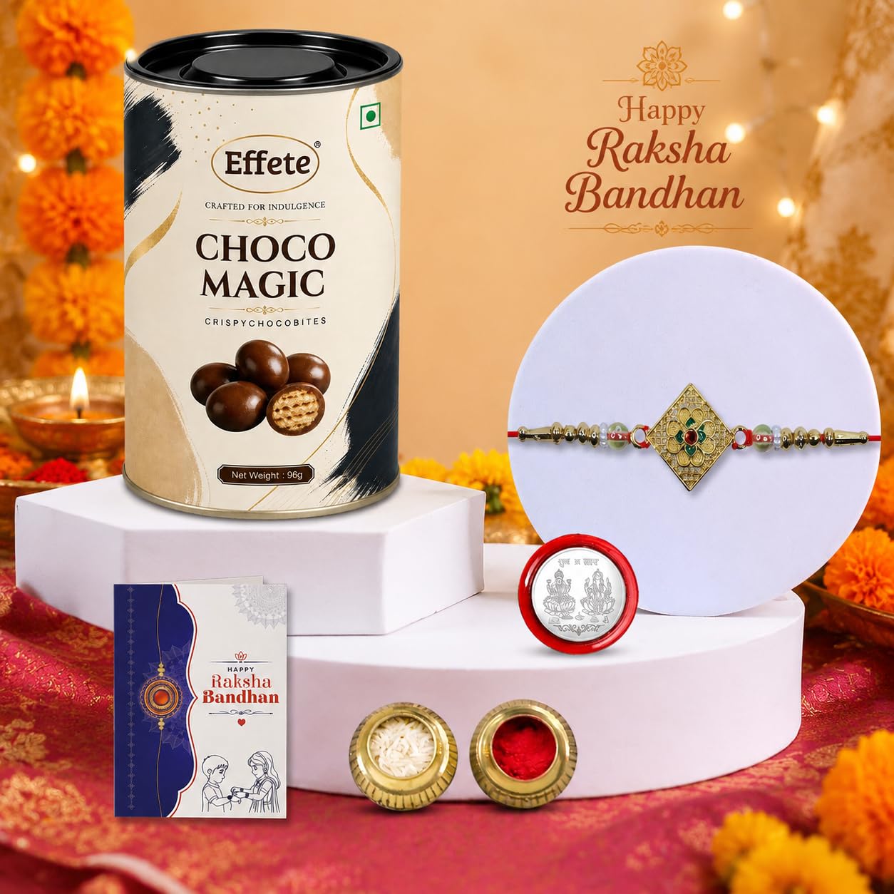 Stylish Rakhi for Brother with Choco Magic 96gm, Roli Chawal & Card, Pack of 5