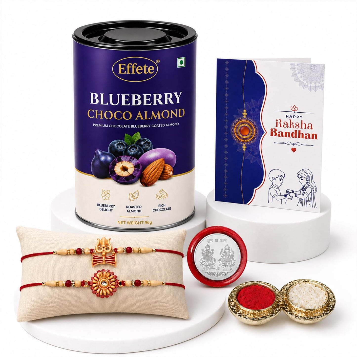 Damru Rakhi for Brother with Blueberry Almond 96gm, Roli Tikka & Card, Pack of 6