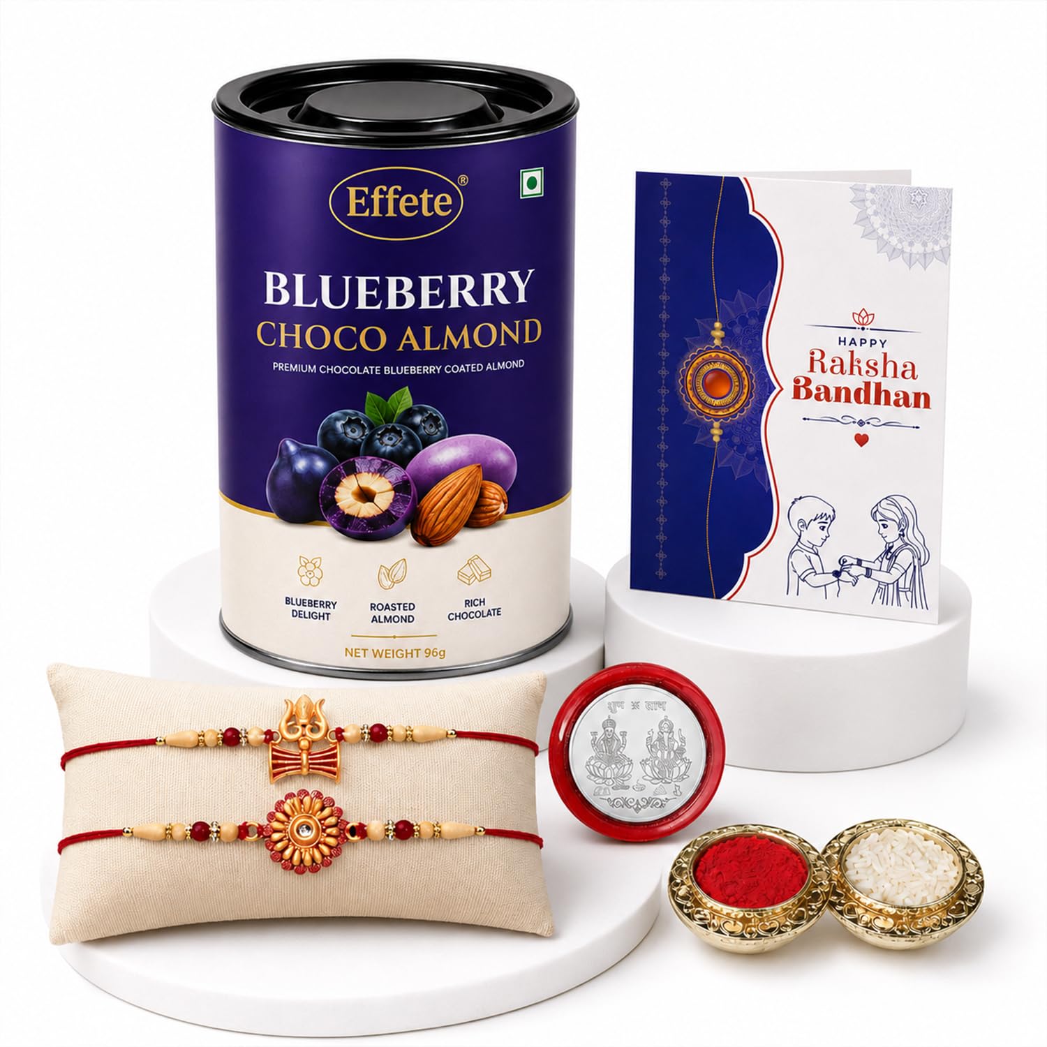 Damru Rakhi for Brother with Blueberry Almond 96gm, Roli Tikka & Card, Pack of 6