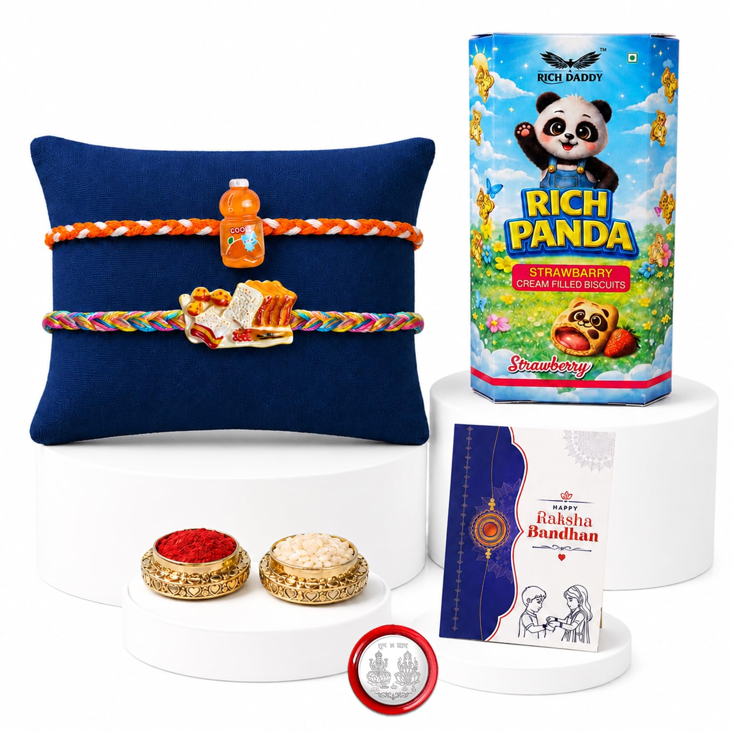 Kids Rakhi for Brother gift pack with cream biscuit, roli tikka, and greeting card, featuring a colorful designer rakhi.