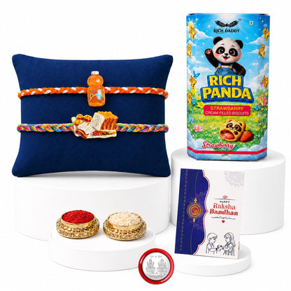 Kids Rakhi for Brother gift pack with cream biscuit, roli tikka, and greeting card, featuring a colorful designer rakhi.