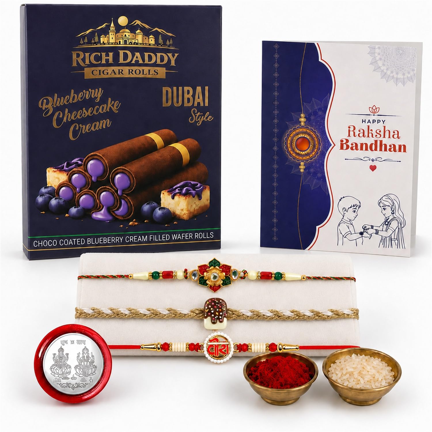 Om Rakhi for Brother with Blueberry Wafer Rolls, Roli Tikka & Card, Pack of 7