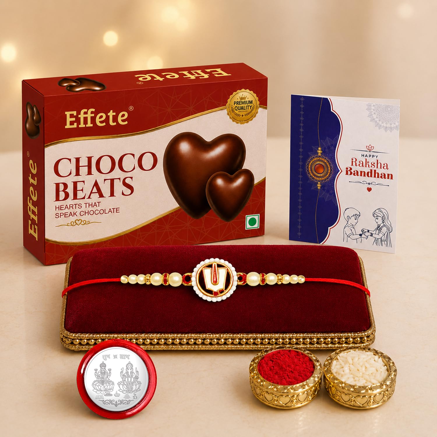 Rakhi with Chocolate for Brother – Raksha Bandhan Combo with Colorful Design Rakhi, Chocolate, Roli Chawal, Silver Color Coin & Greeting Card – Traditional Festival Celebration (Set of 5)
