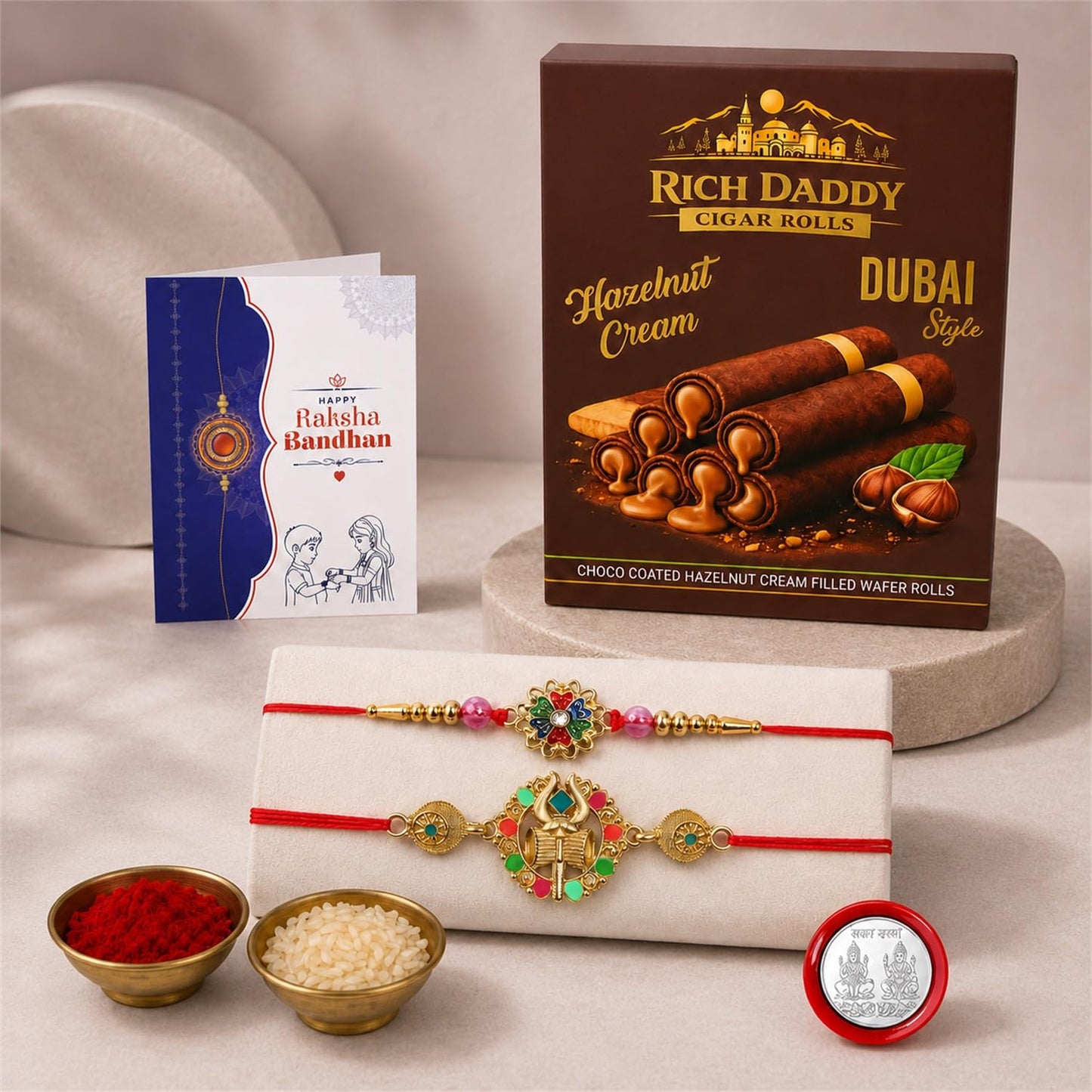 Floral Charm Rakhi for Brother with Hazelnut Wafer Rolls, Coin & Card, Pack of 6