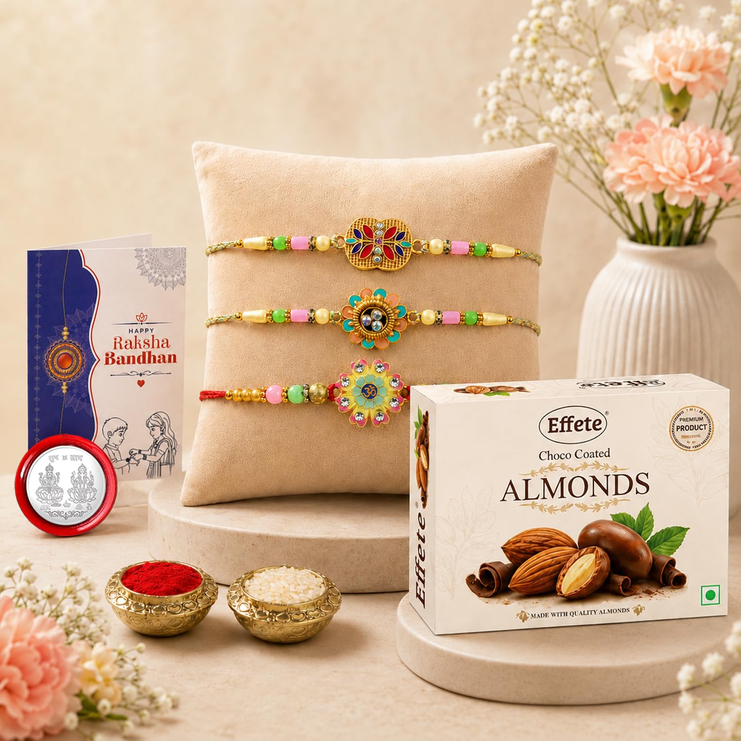 Floral Rakhi for Brother with Chocolate 32gm - Raksha Bandhan Gift Set, Pack of 7