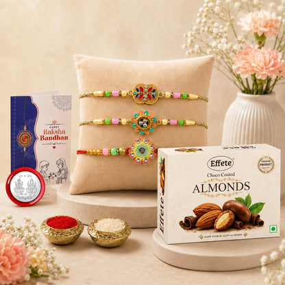 Floral Rakhi for Brother with Choco Almonds 32gm, Roli Tikka & Card, Pack of 7