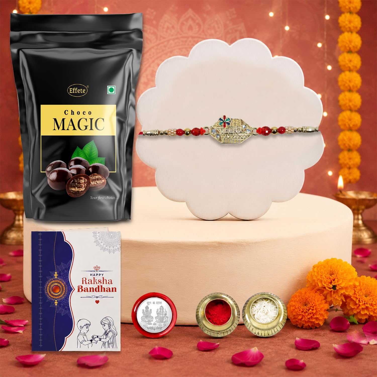 Elegant Rakhi for Brother with Choco Magic Pouch, Roli Chawal & Card, Pack of 5