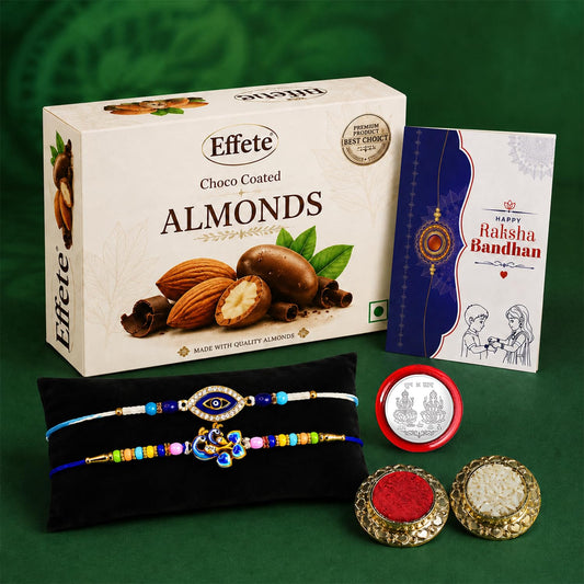 Evil Eye, Peacock Rakhi Combo - Raksha Bandhan Gift with Choco Almonds 32gm, Pack of 6