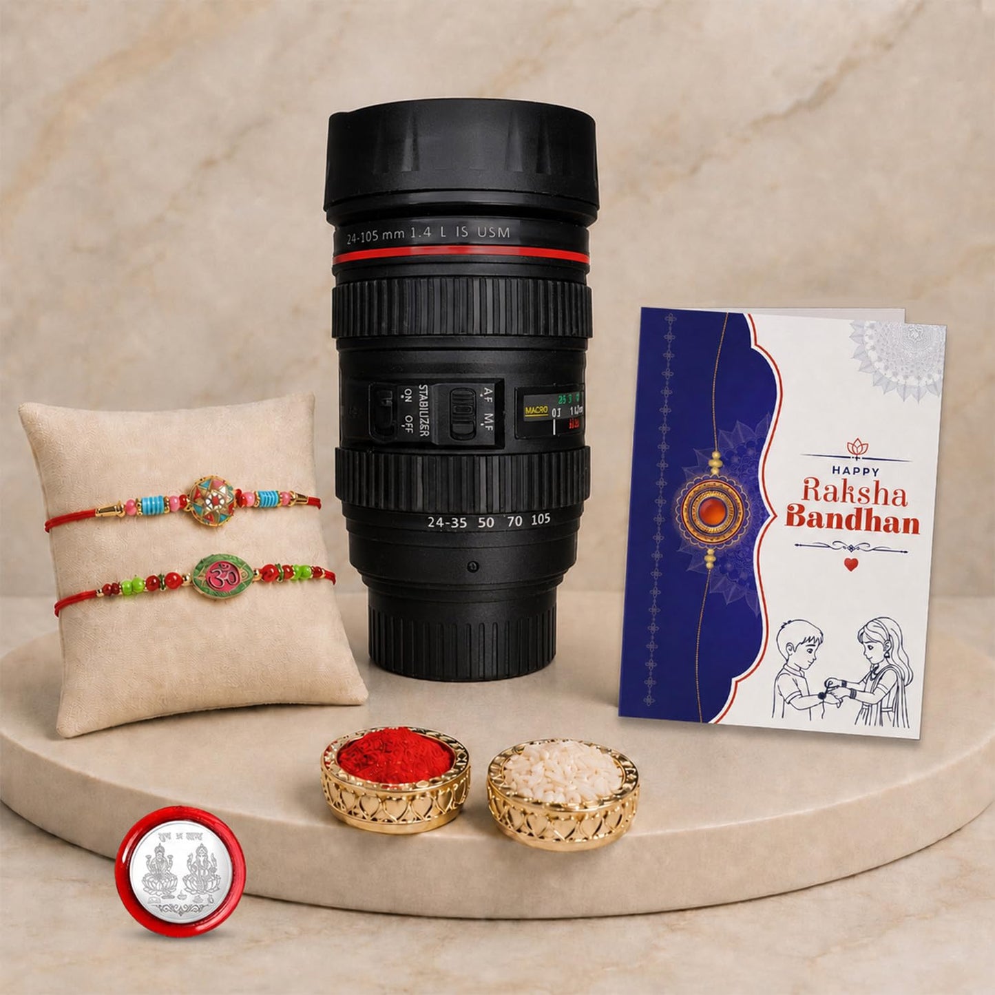 Flower, Om Rakhi Combo - Raksha Bandhan Gift with Camera Lens Coffee Mug, Pack of 6