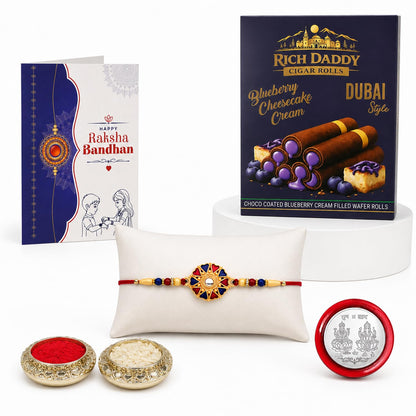 Round Multicolor Rakhi – Blueberry Cream Wafer Roll Gift Combo Gift Set (Pack of 5) For Raksha Bandhan