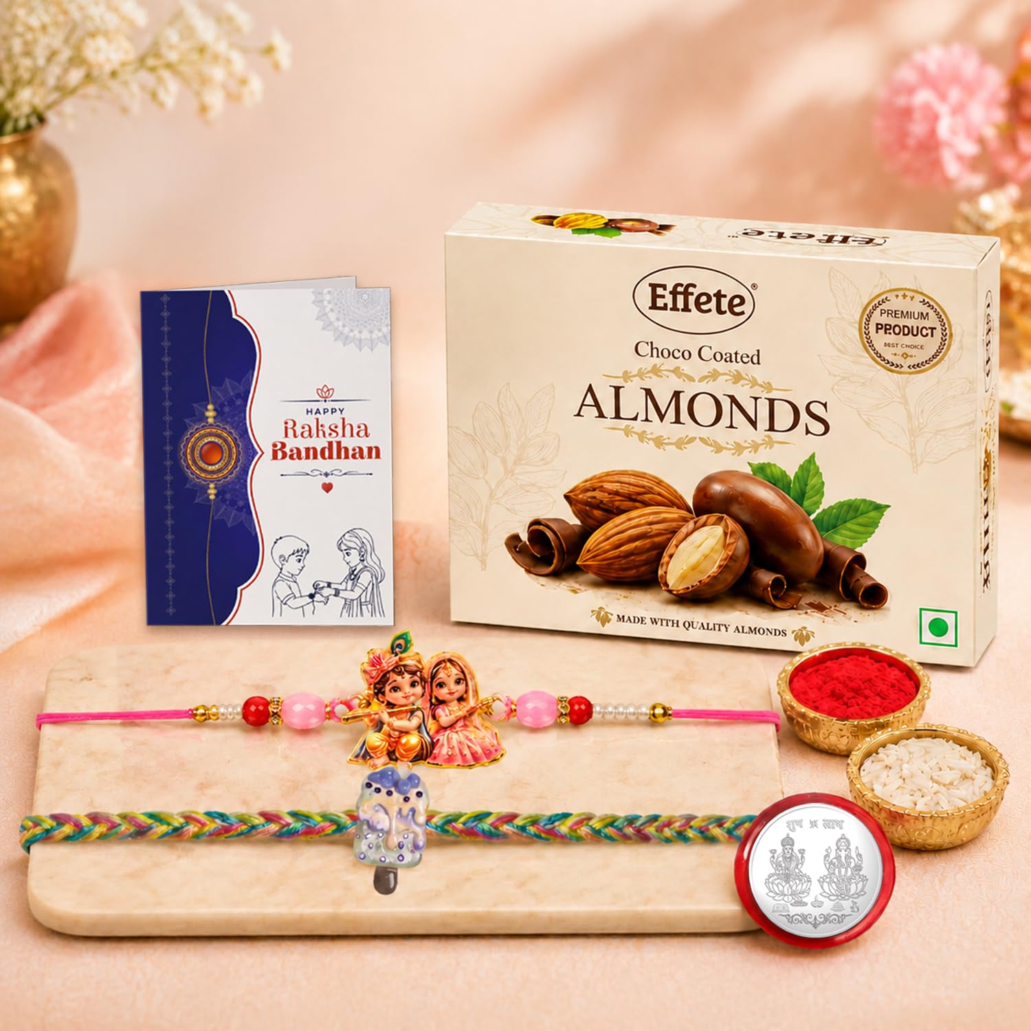 Ice Charm Rakhi for Brother with Choco Almonds 32gm, Roli Tikka & Card, Pack of 6