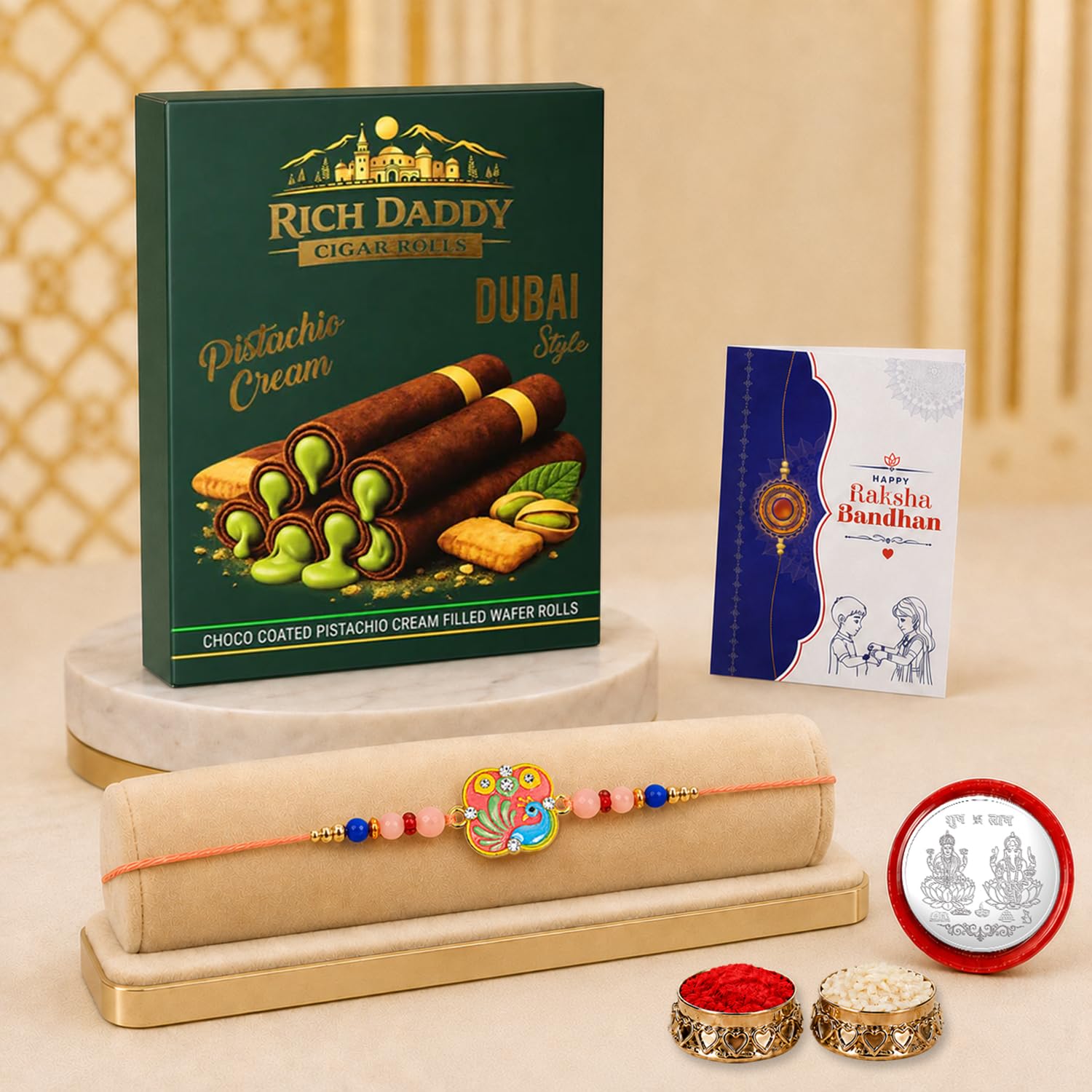 Peacock Rakhi for Brother with Pistachio Wafer Rolls, Coin & Card, Pack of 5