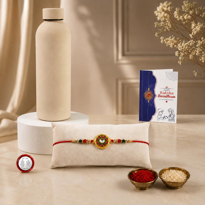 Round Rakhi Combo - Raksha Bandhan Gift with SS Water Bottle 500ml, Pack of 5 | Rakhi Gift