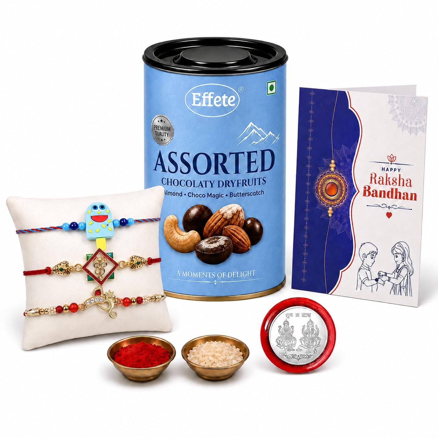 Rakhi with Chocolate for Brother (Set of 7), Raksha Bandhan Festival Celebrations with Ice Cream, OM & Square Shape Rakhi 2