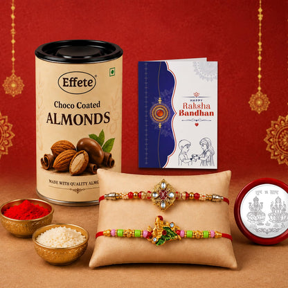 Designer Rakhi for Brother with Choco Almonds 96gm, Roli Tikka & Card | Pack of 6