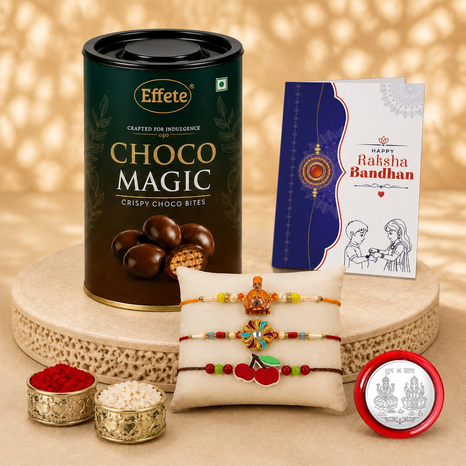 Deity Rakhi for Brother with Chocolate Magic 96gm, Roli Tikka & Card, Pack of 7