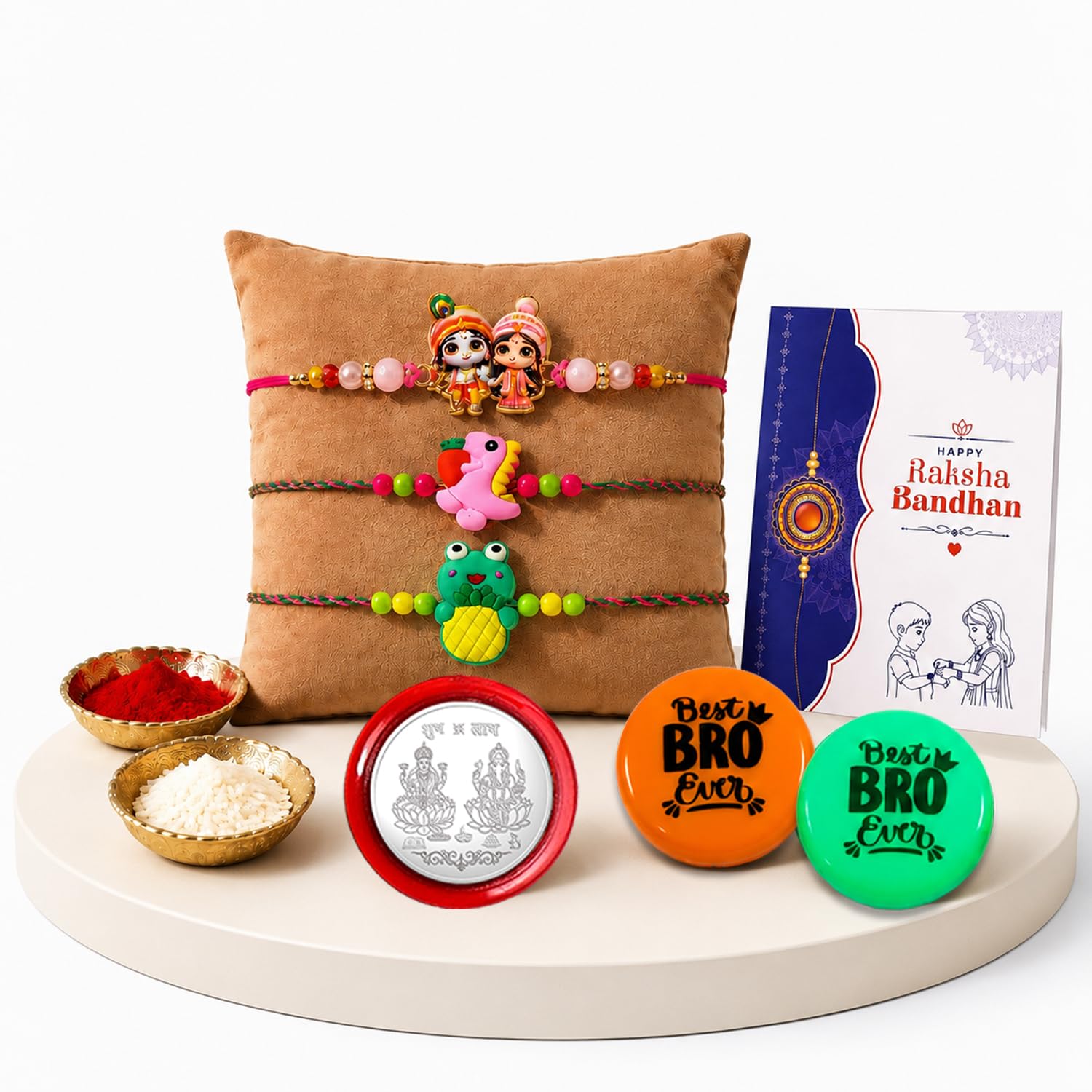 Rakhi Combo with Krishna Radha, Dinosaur, Frog Decorative Magnets 2pcs, Roli