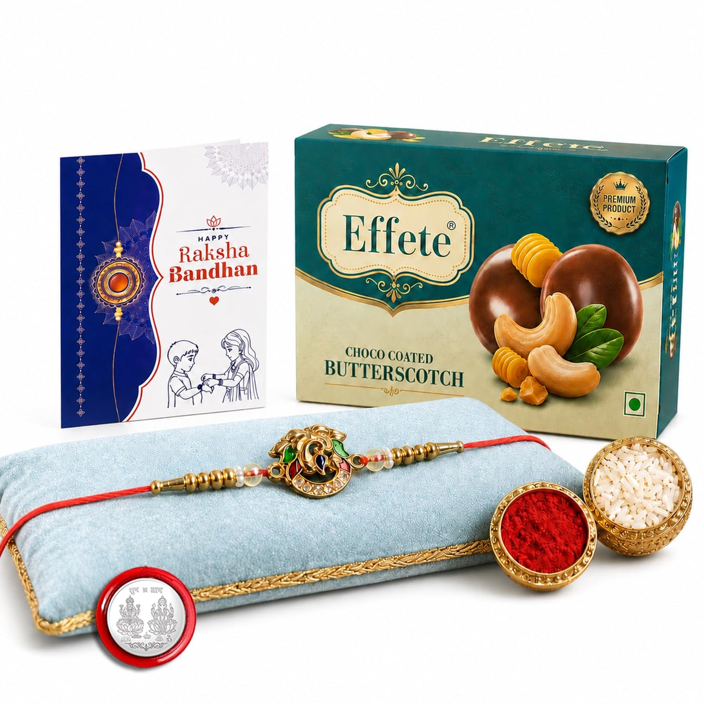 Rakhi with Chocolate for Brother – Raksha Bandhan Combo with Stylish Design Rakhi, Chocolate, Roli Chawal, Silver Color Coin & Greeting Card – Traditional Festival Celebration (Set of 5)