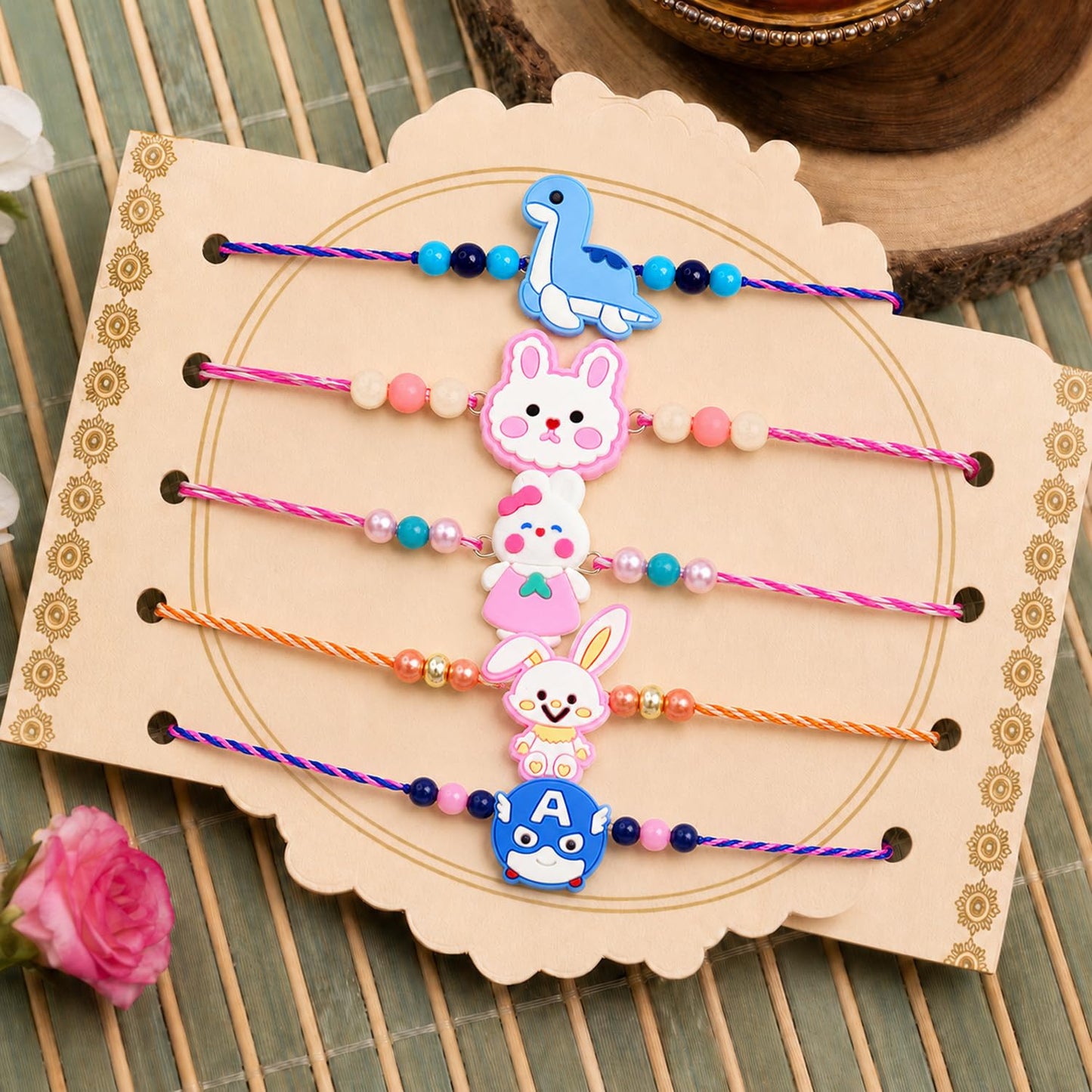 5 Rakhi Combo for Brother with Pooja Thali, Roli Tikka, Pooja Coin & Card, Pack of 8