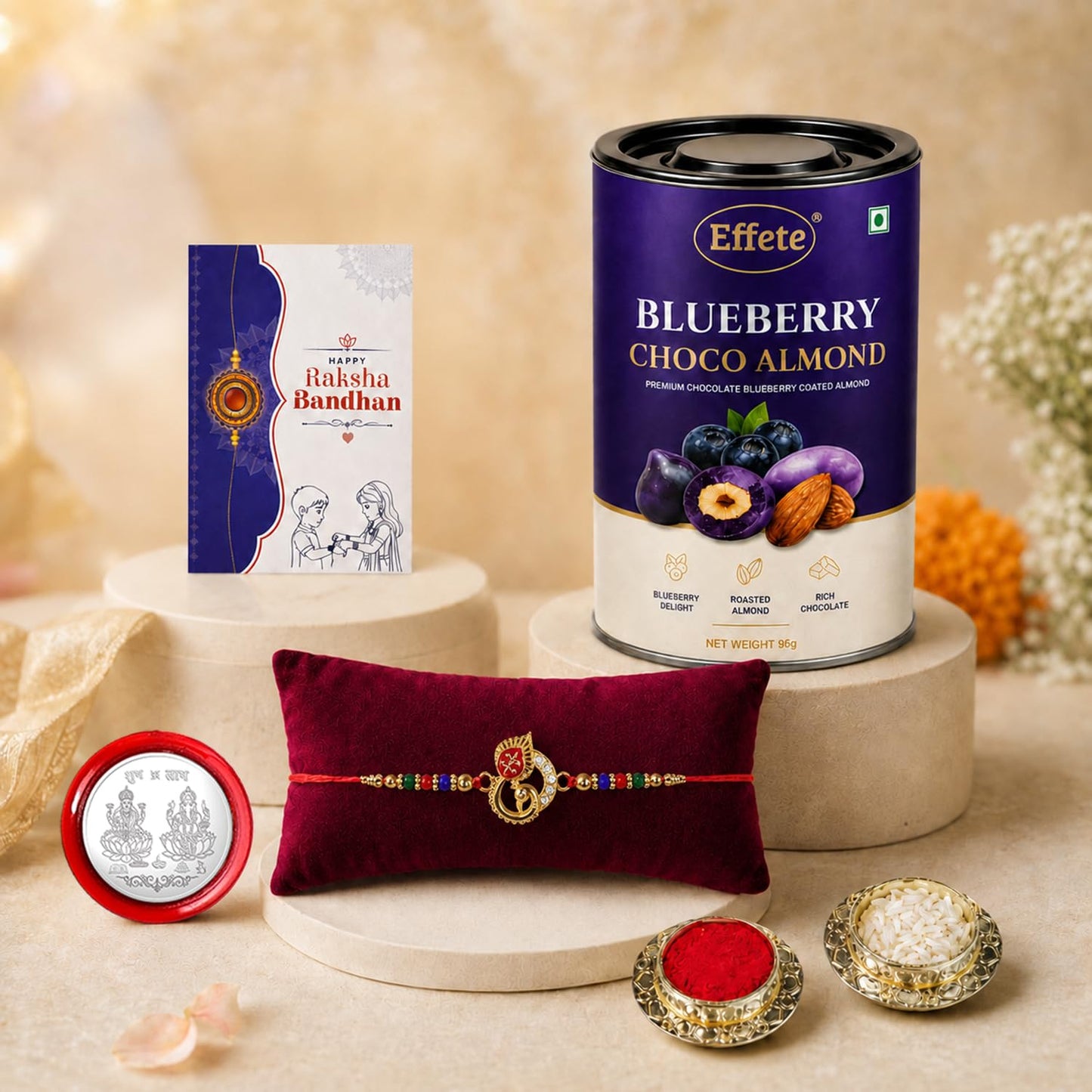 Peacock Multicolor Rakhi & Blueberry Choco Almond 96gm with Roli Chawal, Silver Color Pooja Coin & Greeting Card, Rakshbandhan Combo, Rakhi & Chocolate, Pack of 5 For Raksha Bandhan