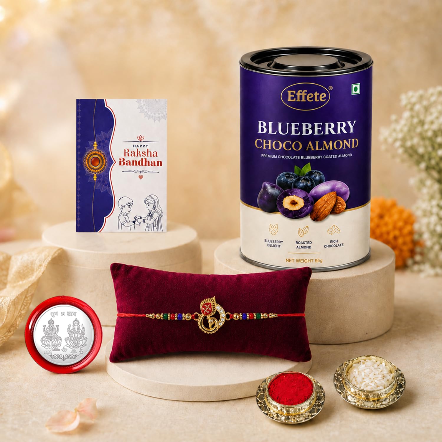 Peacock Multicolor Rakhi & Blueberry Choco Almond 96gm with Roli Chawal, Silver Color Pooja Coin & Greeting Card, Rakshbandhan Combo, Rakhi & Chocolate, Pack of 5 For Raksha Bandhan