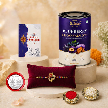 Peacock Multicolor Rakhi & Blueberry Choco Almond 96gm with Roli Chawal, Silver Color Pooja Coin & Greeting Card, Rakshbandhan Combo, Rakhi & Chocolate, Pack of 5 For Raksha Bandhan