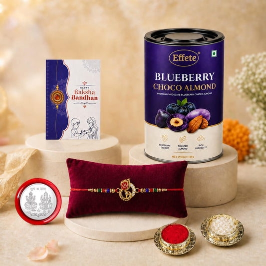 Peacock Multicolor Rakhi & Blueberry Choco Almond 96gm with Roli Chawal, Silver Color Pooja Coin & Greeting Card, Rakshbandhan Combo, Rakhi & Chocolate, Pack of 5 For Raksha Bandhan
