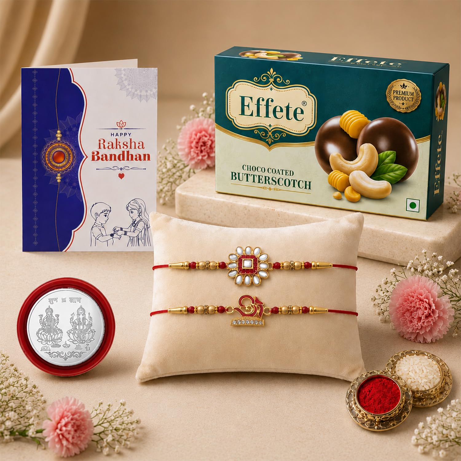 OM Rakhi for Brother with Butter Scotch 32gm, Roli Tikka & Card, Pack of 6