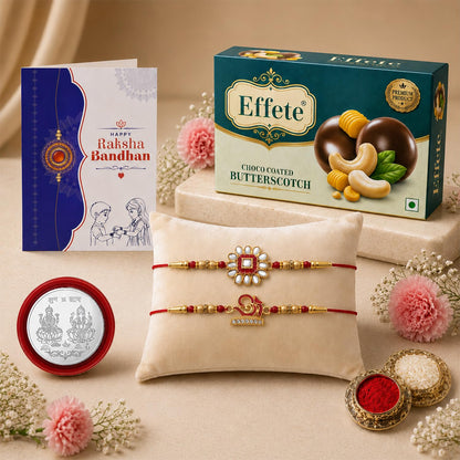 OM Rakhi for Brother with Butter Scotch 32gm, Roli Tikka & Card, Pack of 6